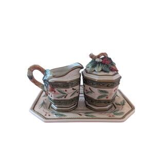 Fitz & Floyd 2004 Christmas Winter Wonderland Porcelain Cream & Sugar with Tray